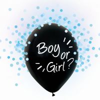 Babaváró latex léggömb, Boy or Girl felirattal, kék konfettivel