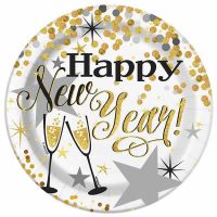 Papír tányér, Happy New Year, glitteres, 17cm, 8db/cs