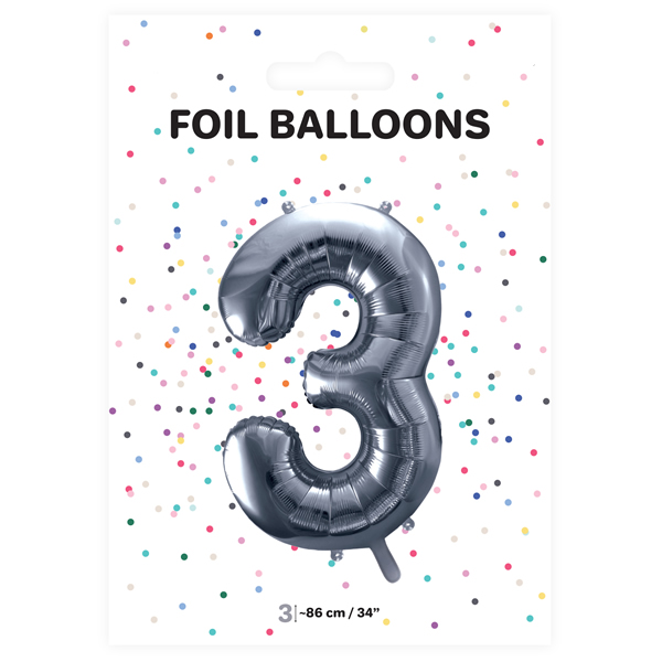 3. szám fólia lufi, 86cm ezüst