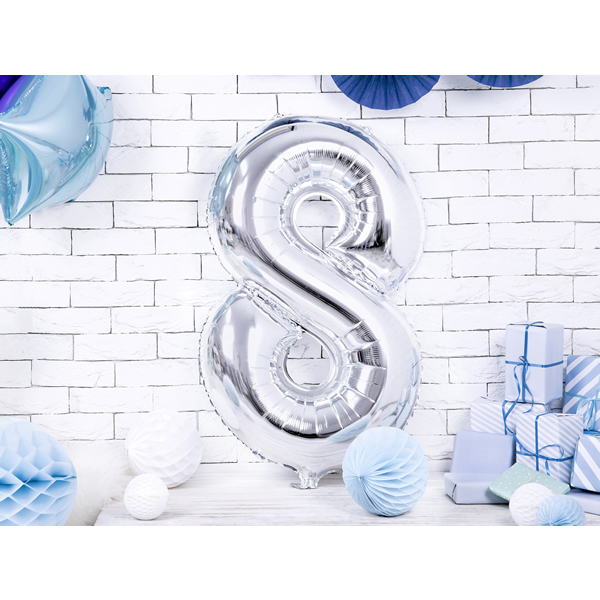 8. szám fólia lufi, 86cm ezüst