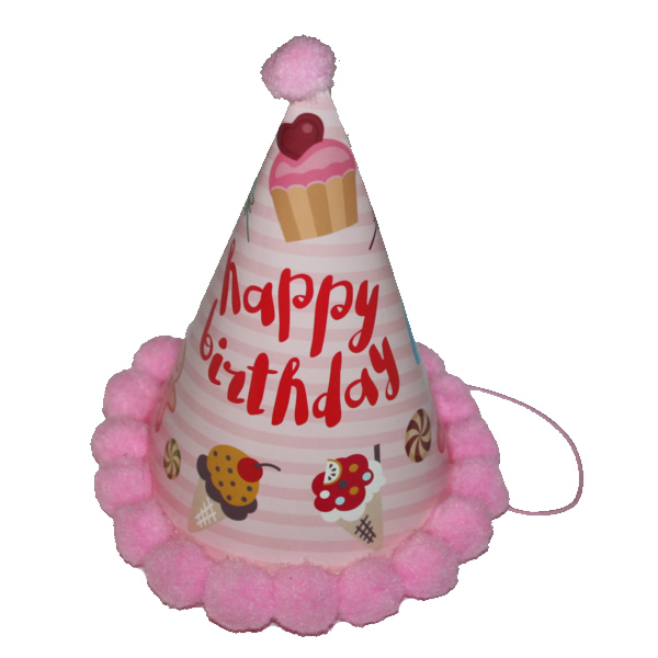 Bogyós parti kalap, happy birthday, fehér, rozsaszín bogyókkal