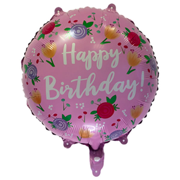 Happy Birthday, rózsaszín, virágos, fólia lufi, 45 cm