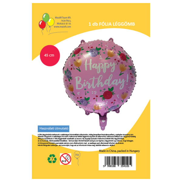 Happy Birthday, rózsaszín, virágos, fólia lufi, 45 cm