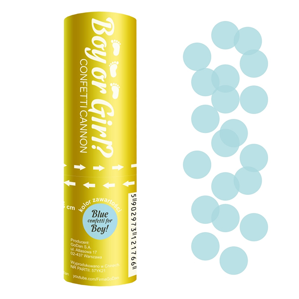 Konfetti kilövő BOY OR GIRL, bébi kék , 15 cm