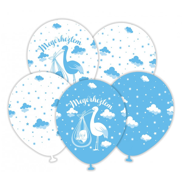 Megérkeztem felirattal kék fehér latex lufi copy