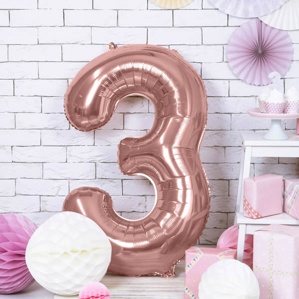 3. szám fólia lufi, 86cm rosegold