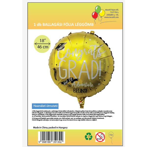 Fólia lufi, 46 cm, gömb, ballagásra, arany