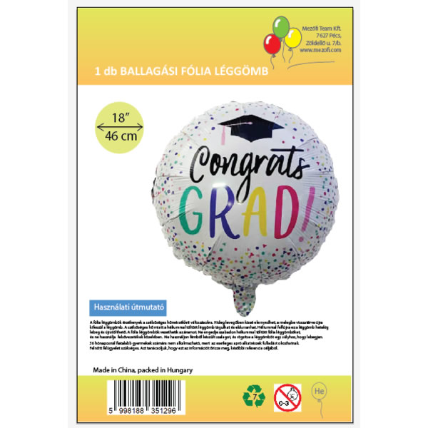 Fólia lufi, 46 cm, gömb, ballagásra, fehér, konfettis