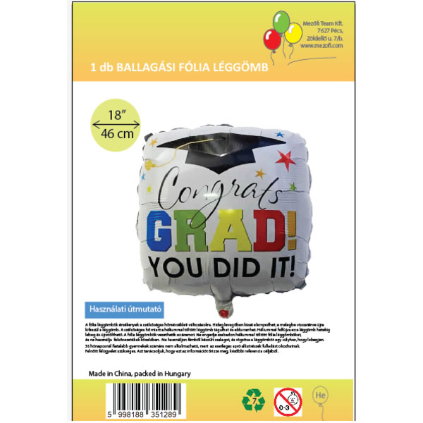 Fólia lufi, 46 cm, párna, ballagásra