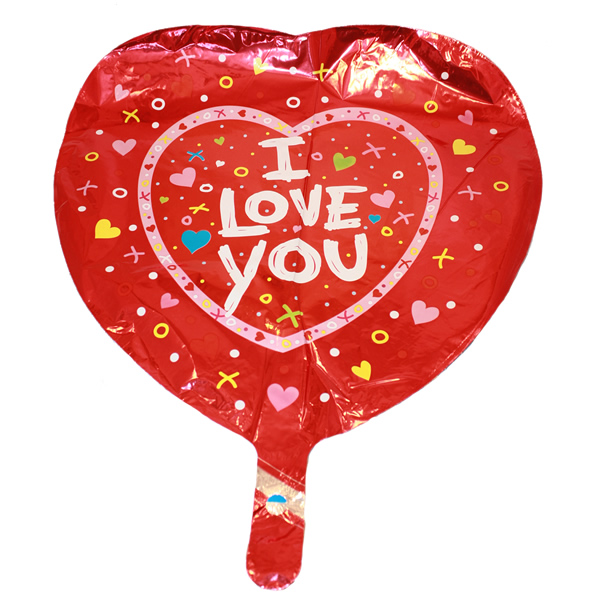 Fólia lufi, 18/45 cm, szív, konfetti mintával, I LOVE YOU