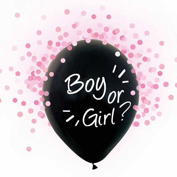Babaváró latex léggömb, Boy or Girl felirattal, pink konfettivel