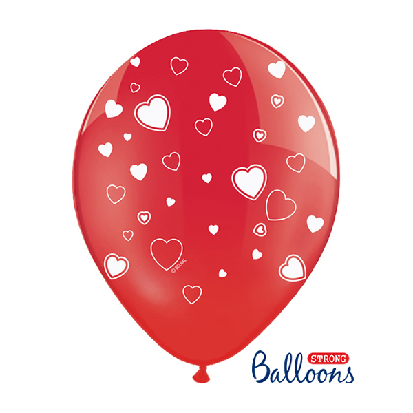 Kristály piros lufi, 30cm, fehér szívekkel díszítve,  5 db/cs