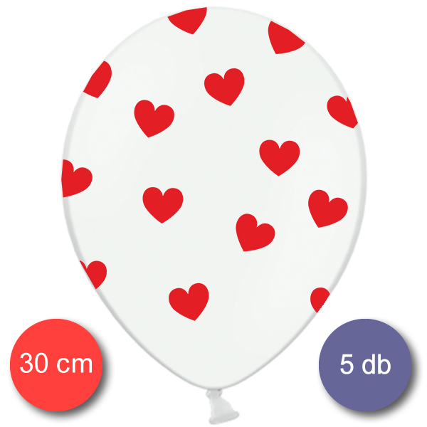 Fehér lufi piros szívekkel díszítve, 30cm, 5 db/cs