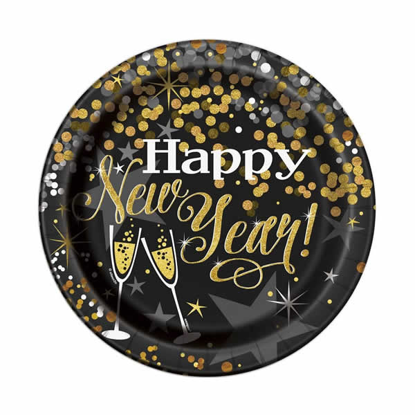 Papír tányér, fekete, Happy New Year, glitteres, 23cm, 8db/cs